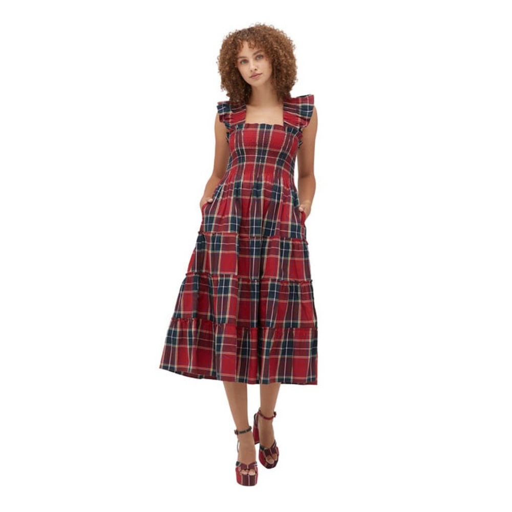 New! HILL HOUSE Ellie Nap Plaid Midi Dress in Red Tartan - Picture 3 of 12